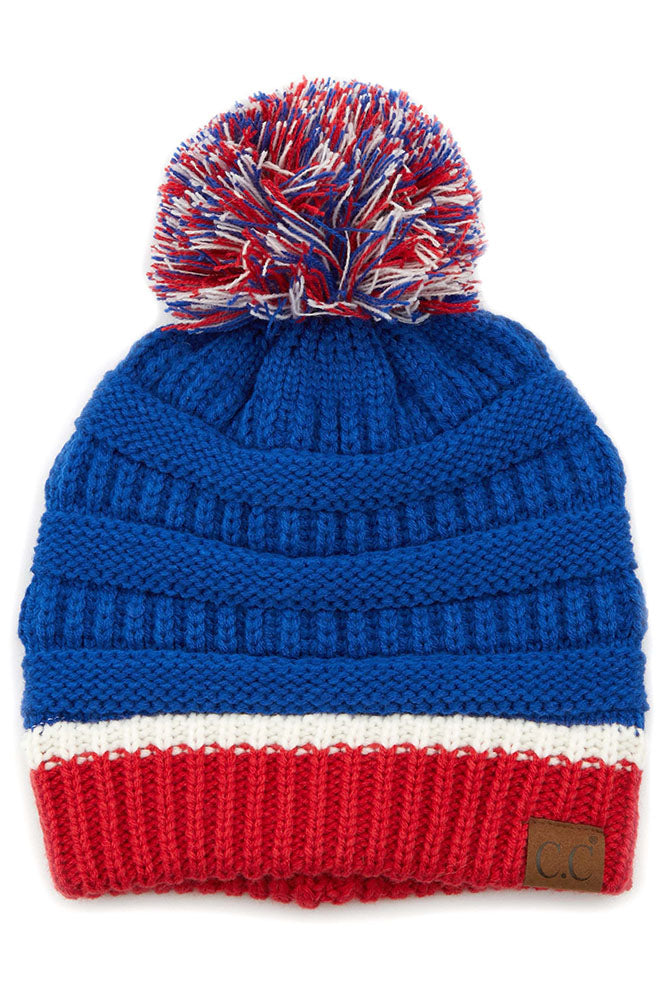 Blue/Red/White Pom Beanie